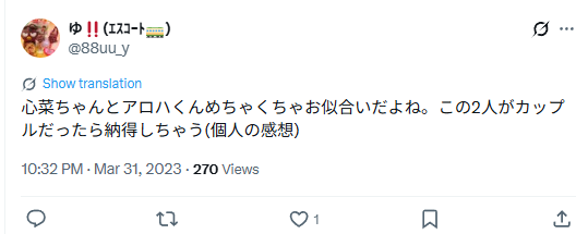 アロハと心菜がお似合いだと書かれているX