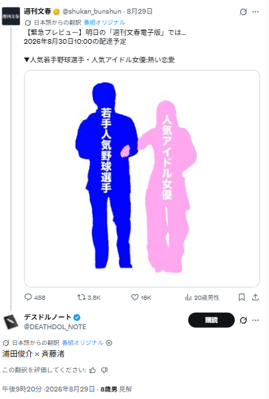 ディスドルノートから齋藤なぎさと浦田俊輔の実名が投稿されたX画像